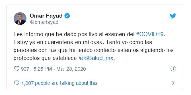 Omar Fayad el gobernador de Hidalgo da positivo a coronavirus
