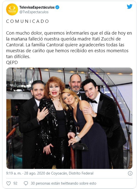 Murió Itatí Zucchi madre de Itatí Cantoral y Roberto Cantoral Jr