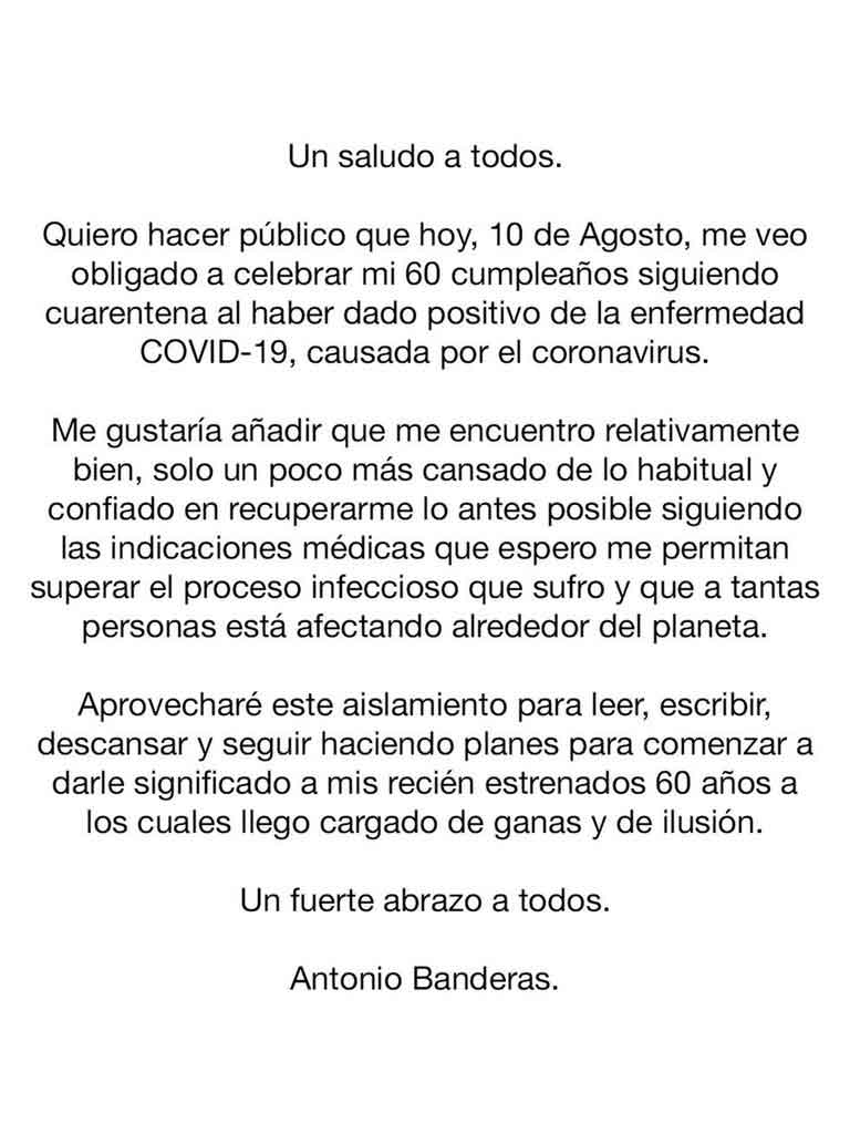 Antonio Banderas anunció en su cumpleaños 60 que tiene coronavirus