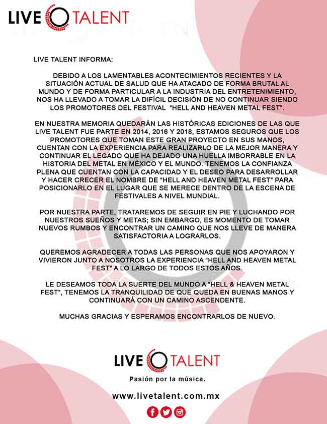 Live Talent ya no se encargará del Festival Hell And Heaven en México