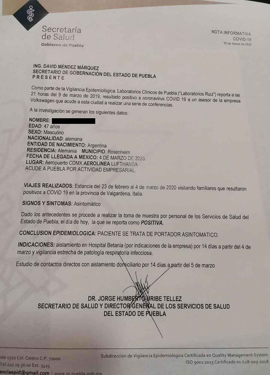 #Aquí la confirmación de los servicios de salud de #Puebla informándole al secretario de Gobernación @DavidMendezPue del primer caso @Efekto10