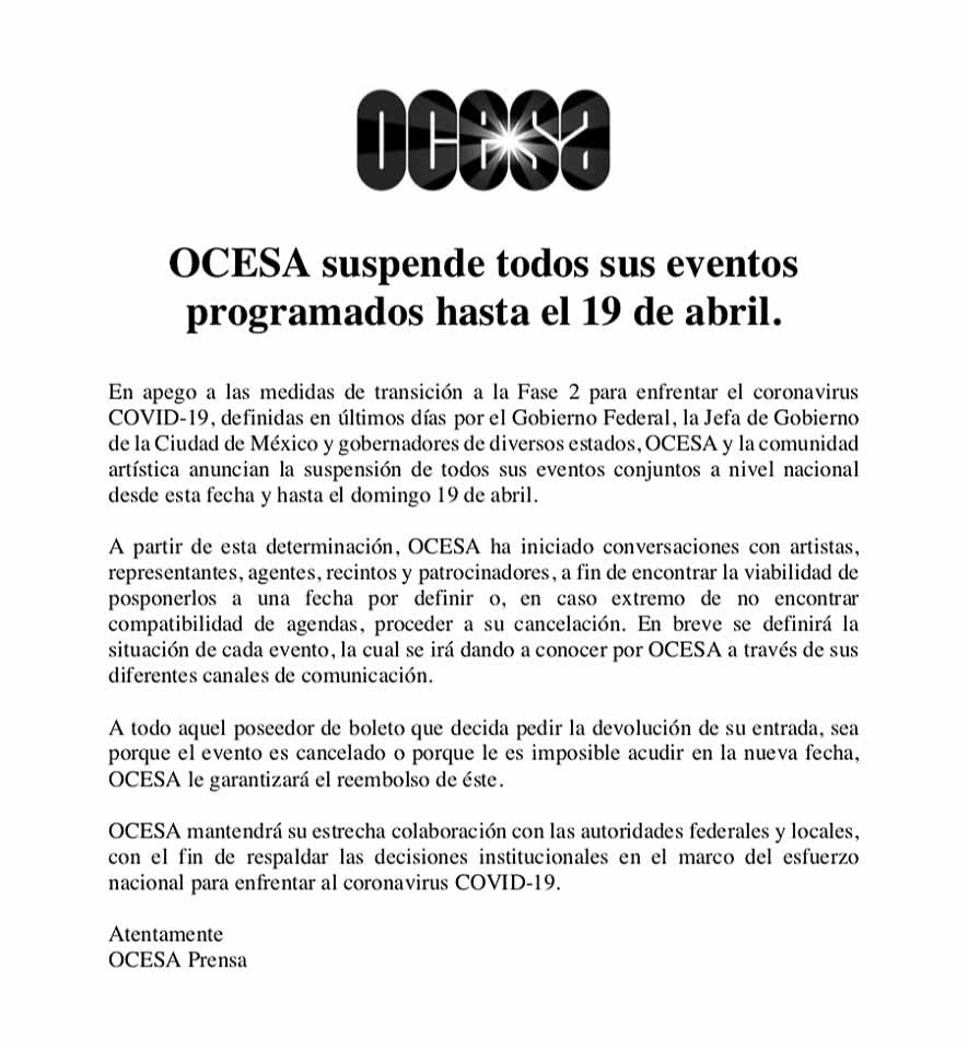 Comunicado de prensa: OCESA suspende todos sus eventos programados hasta el 19 de abril.