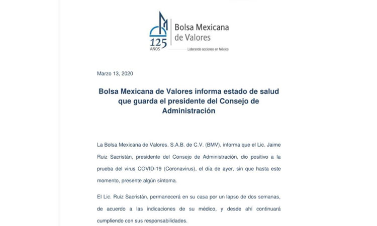 Presidente de la Bolsa Mexicana de Valores dio positivo en coronavirus