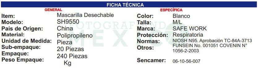 Cubrebocas N95 Ficha Técnica