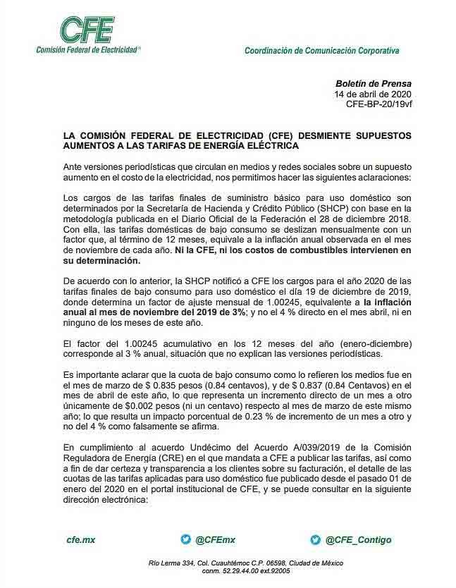 La CFE desmiente aumento de tarifas de 4% durante la contigencia