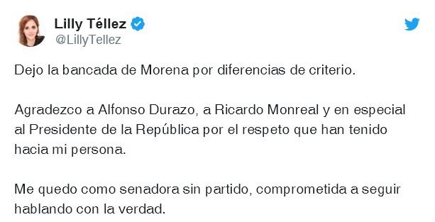 Lilly Téllez renuncia a la bancada de Morena en el Senado por diferencias de criterio