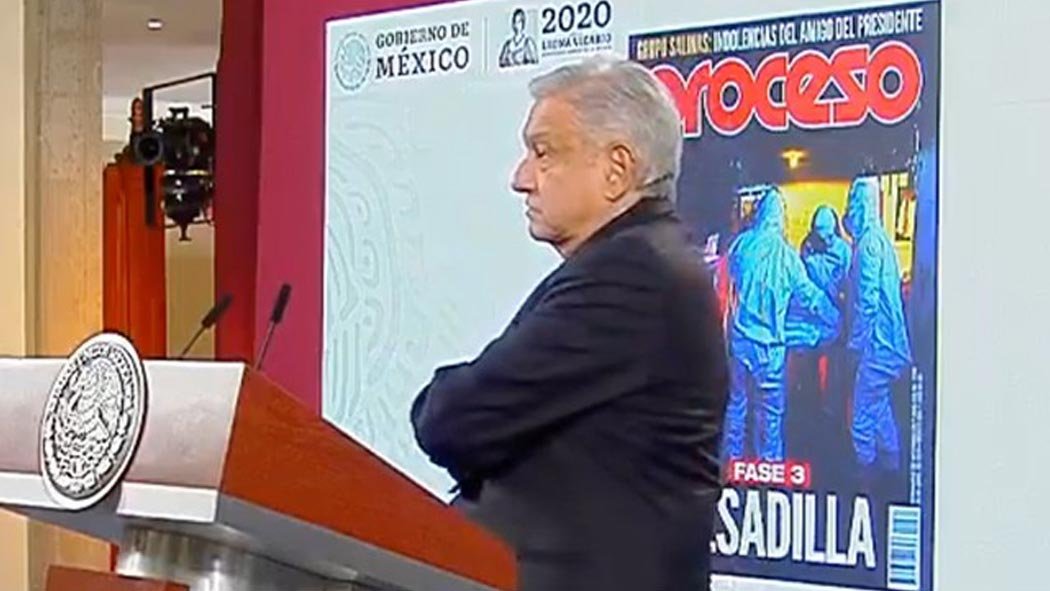 Esta mañana, durante conferencia de prensa, el presidente Andrés Manuel López Obrador arremetió contra la revista Proceso, a quien señaló de “alarmista” debido a una portada con la leyenda “Grupo Salinas: Insolencias del amigos del presidente”. Esta mañana, durante conferencia de prensa, el presidente Andrés Manuel López Obrador arremetió contra la revista Proceso, a quien señaló de “alarmista” debido a una portada con la leyenda “Grupo Salinas: Insolencias del amigos del presidente”.
