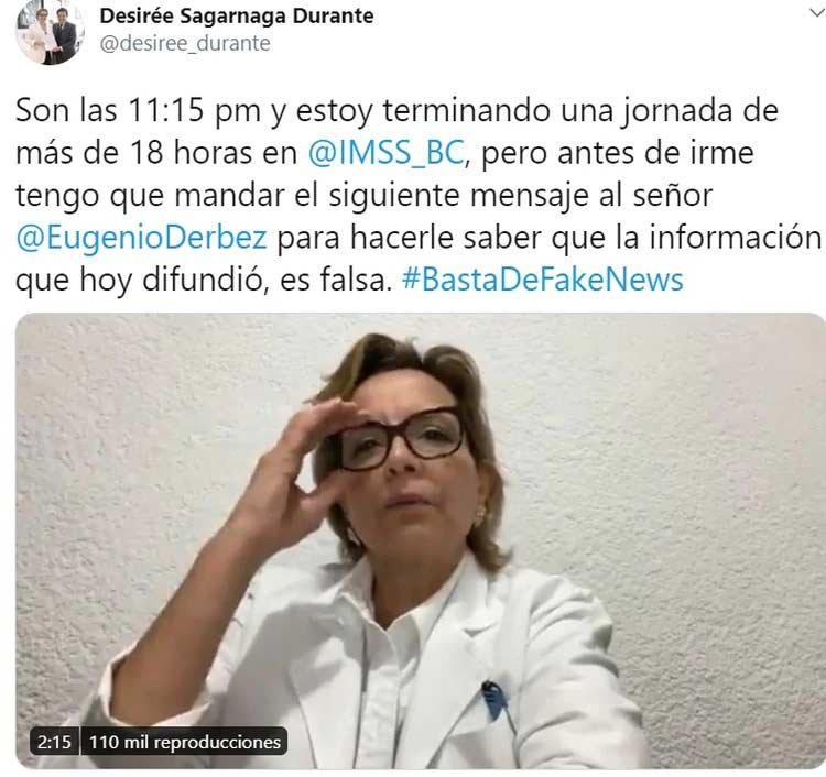 Son las 11:15 pm y estoy terminando una jornada de más de 18 horas en @IMSS_BC, pero antes de irme tengo que mandar el siguiente mensaje al señor @EugenioDerbez para hacerle saber que la información que hoy difundió, es falsa. #BastaDeFakeNews