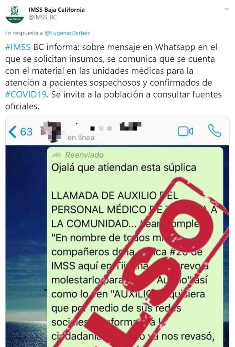 #IMSS BC informa: sobre mensaje en Whatsapp en el que se solicitan insumos, se comunica que se cuenta con el material en las unidades médicas para la atención a pacientes sospechosos y confirmados de #COVID19. Se invita a la población a consultar fuentes oficiales