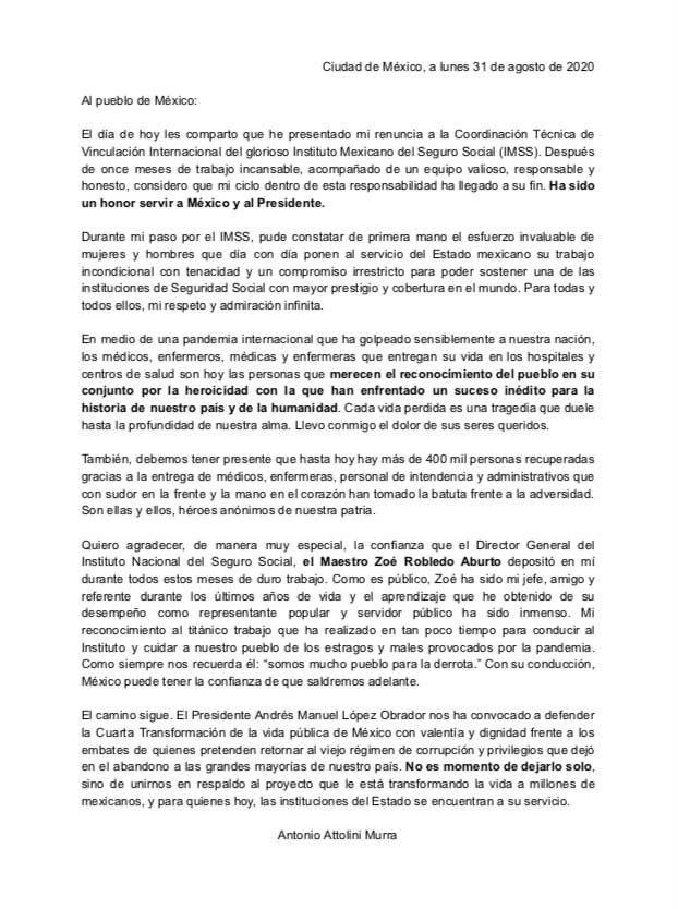 Antonio Attolini renuncia al IMSS se rumora busca Secretaría General