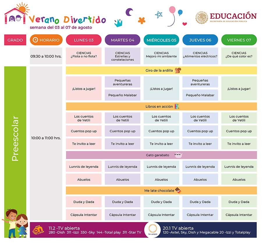 Horarios Verano Divertido del 3 al 7 de Agosto preescolar, primaria, secundaria, bachillerato y familiar
