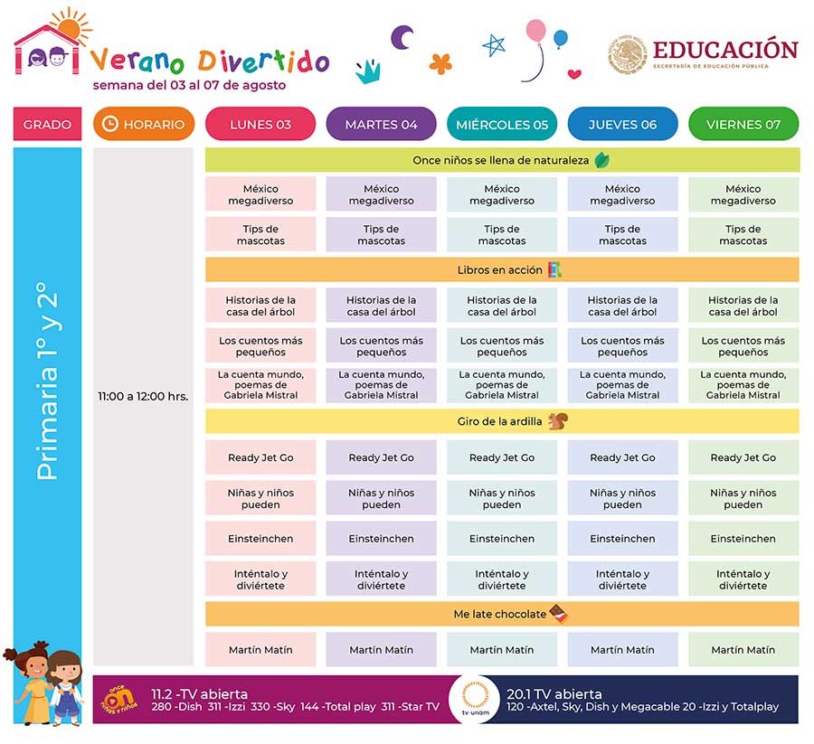 Horarios Verano Divertido del 3 al 7 de Agosto preescolar, primaria, secundaria, bachillerato y familiar