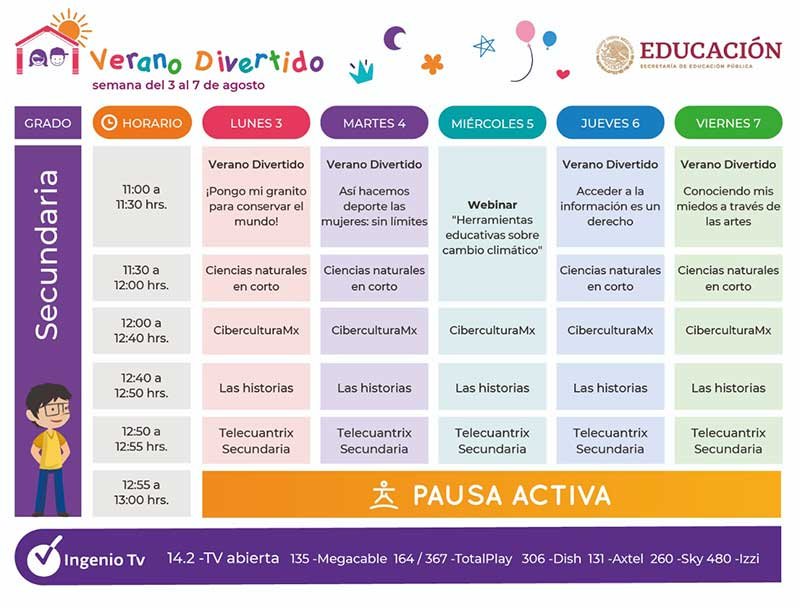 Horarios Verano Divertido del 3 al 7 de Agosto preescolar, primaria, secundaria, bachillerato y familiar