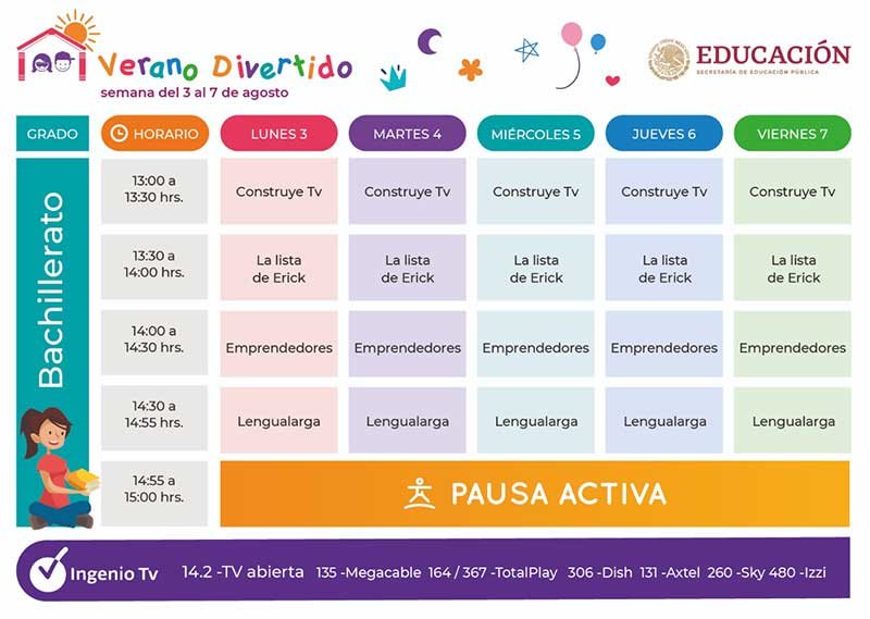 Horarios Verano Divertido del 3 al 7 de Agosto preescolar, primaria, secundaria, bachillerato y familiar
