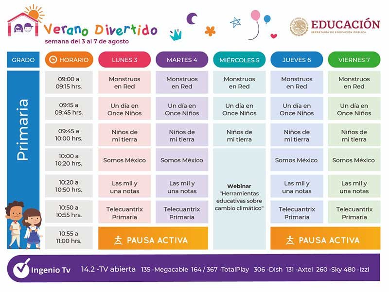 Horarios Verano Divertido del 3 al 7 de Agosto preescolar, primaria, secundaria, bachillerato y familiar