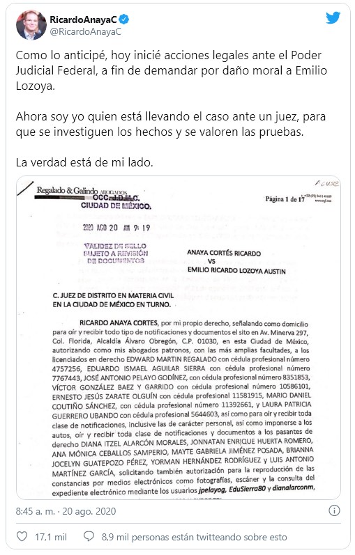 Ricardo Anaya oficialmente denuncia a Emilio Lozoya; por daño moral