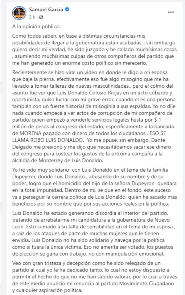 Samuel García anuncia que fue hackeado tras presunta renuncia a MC