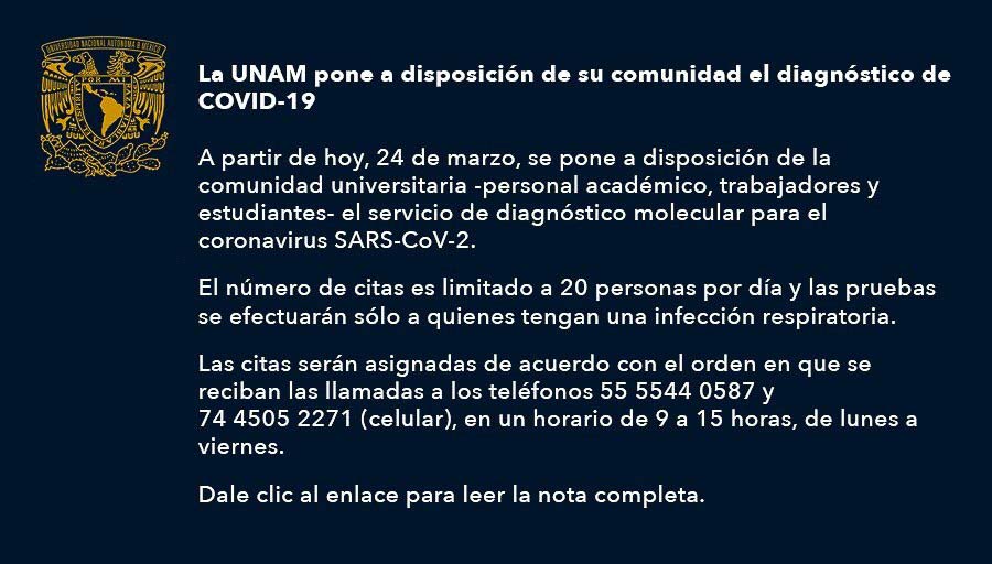 La UNAM hará pruebas de coronavirus gratis a comunidad universitaria