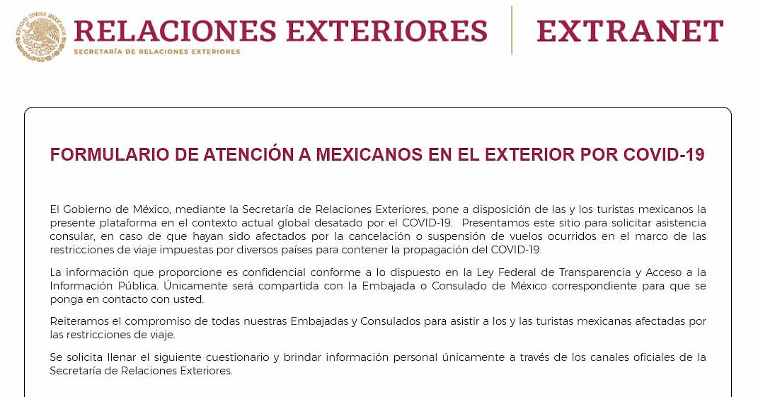 FORMULARIO DE ATENCIÓN A MEXICANOS EN EL EXTERIOR POR COVID-19