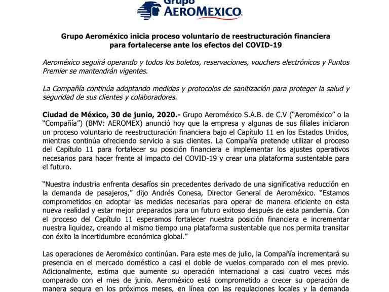 Aeroméxico se declaró en quiebra en Estados Unidos reestructuración