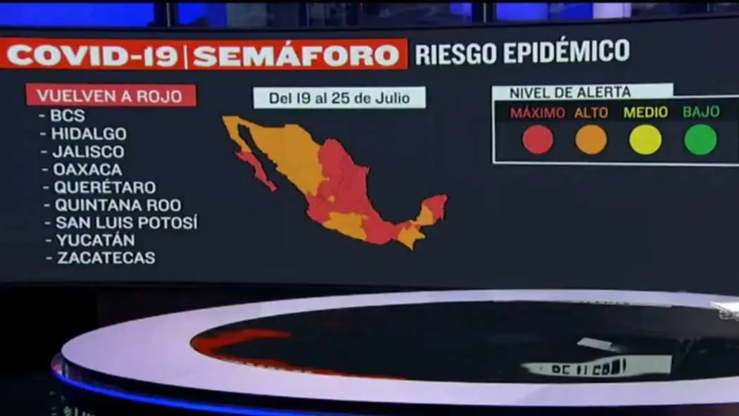 Vuelven a semáforo rojo, además de Hidalgo, Baja California Sur, Jalisco, Oaxaca, Querétaro, Quintana Roo, San Luis Potosí, Yucatán y Zacatecas.