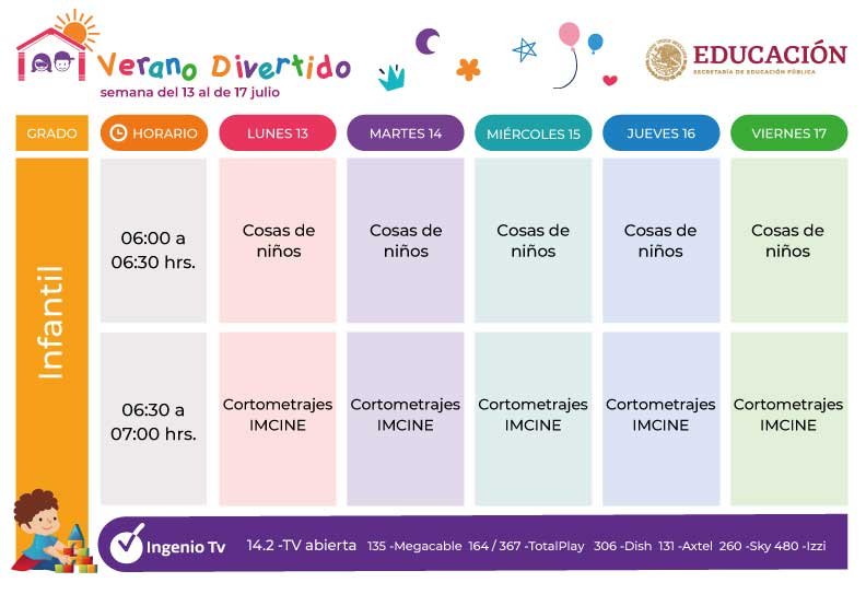 Horarios Verano Divertido del 13 al 17 de Julio preescolar primaria secundaria bachillerato y familiar