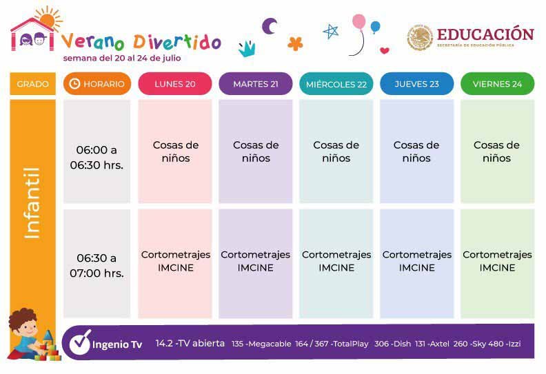 Horarios Verano Divertido del 20 al 24 de Julio preescolar primaria secundaria bachillerato y familiar
