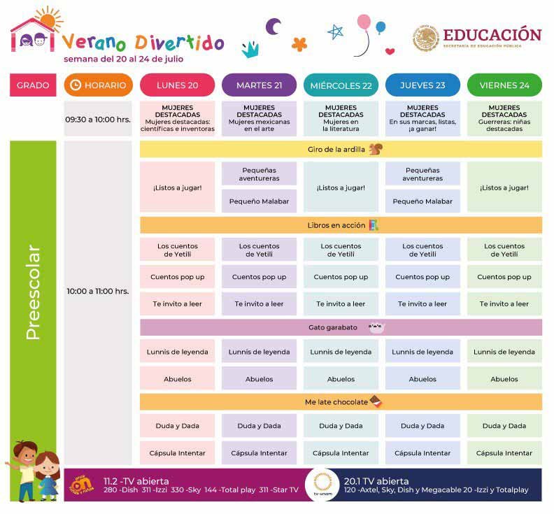 Horarios Verano Divertido del 20 al 24 de Julio preescolar primaria secundaria bachillerato y familiar