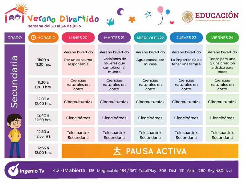 Horarios Verano Divertido del 20 al 24 de Julio preescolar primaria secundaria bachillerato y familiar