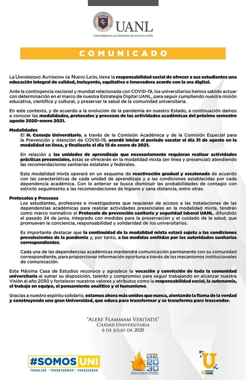 UANL confirma que semestre comienza el 31 de agosto