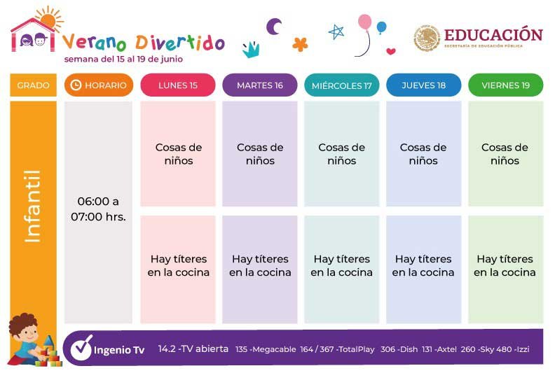 Horarios Verano Divertido del 15 al 19 de Junio infantil, preescolar, primaria, secundaria, bachillerato y familiar