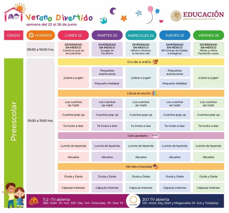 Horarios Verano Divertido del 22 al 26 de Junio infantil, preescolar, primaria, secundaria, bachillerato y familiar