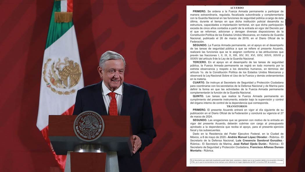 La Secretaría de la Defensa Nacional (Sedena) publicó este lunes en el Diario Oficial de la Federación el acuerdo presidencial que ordena a la Fuerza Armada permanente participar de manera extraordinaria, regulada, fiscalizada y complementaria con la Guardia Nacional (GN), por un plazo que concluirá el 27 de marzo de 2024. La Secretaría de la Defensa Nacional (Sedena) publicó este lunes en el Diario Oficial de la Federación el acuerdo presidencial que ordena a la Fuerza Armada permanente participar de manera extraordinaria, regulada, fiscalizada y complementaria con la Guardia Nacional (GN), por un plazo que concluirá el 27 de marzo de 2024.
