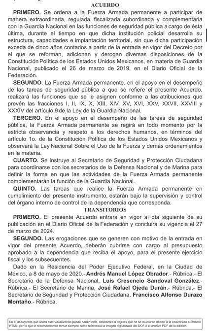 Fuerzas armadas harán labor de seguridad pública por decreto de AMLO Decreto