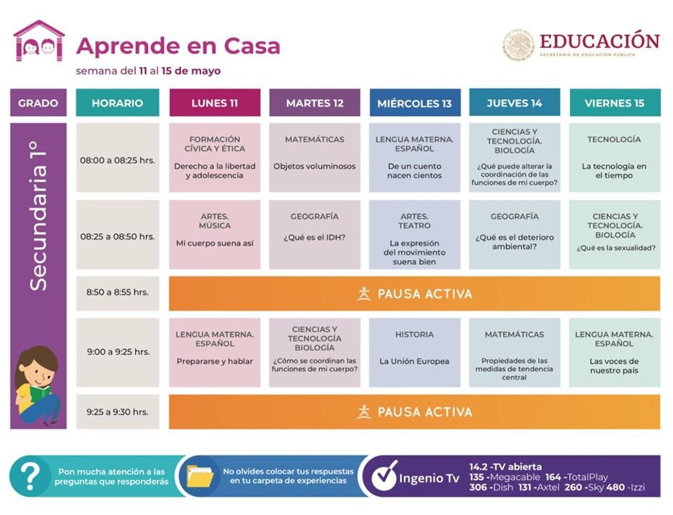 Horarios Aprende en Casa del 11 al 15 de mayo secundaria