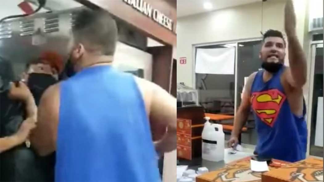 De acuerdo con testigos, el personal de la pizzería se negó a venderle el producto debido a que no portaba cubrebocas, por lo que el sujeto respondió de forma agresiva. De acuerdo con testigos, el personal de la pizzería se negó a venderle el producto debido a que no portaba cubrebocas, por lo que el sujeto respondió de forma agresiva.