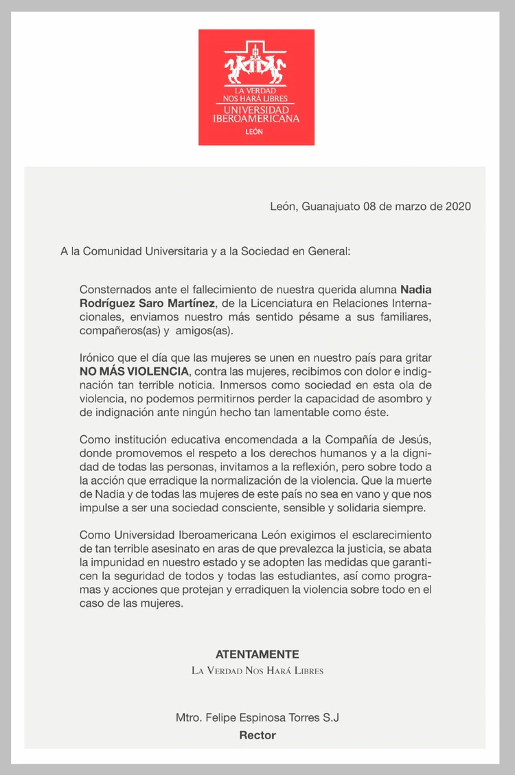 Éste fue el comunicado que emitió la Universidad Iberoamericana. (Foto Twitter@IberoLeon)