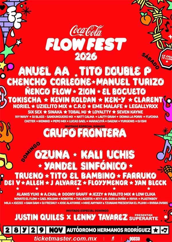 Lineup oficial por dias del festival Coca-Cola Flow Fest 2026 en el Autodromo Hermanos Rodriguez