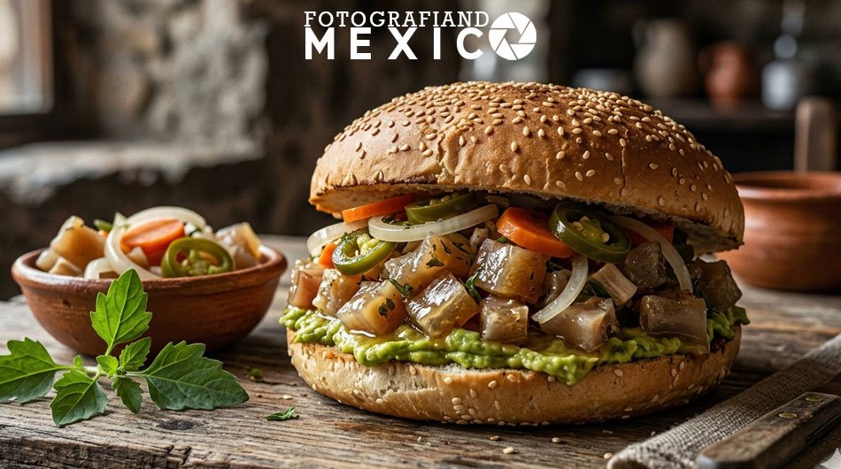 Cemita poblana de pata de res en escabeche con aguacate sobre una mesa de madera rustica