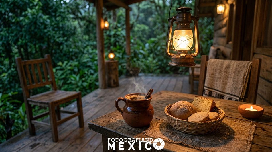 Mesa de madera en la terraza de una cabaña ecoturística con un jarro de café de olla y pan de dulce de Coita