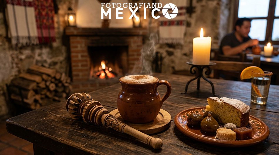 Mesa de un restaurante en San Cristóbal de las Casas con un jarro de chocolate caliente espumoso y dulces tradicionales