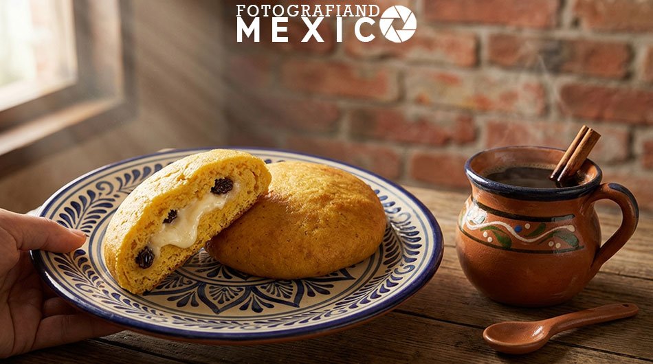 Condoche de Zacatecas abierto mostrando el relleno de queso ranchero y pasas junto a un jarro de café de olla