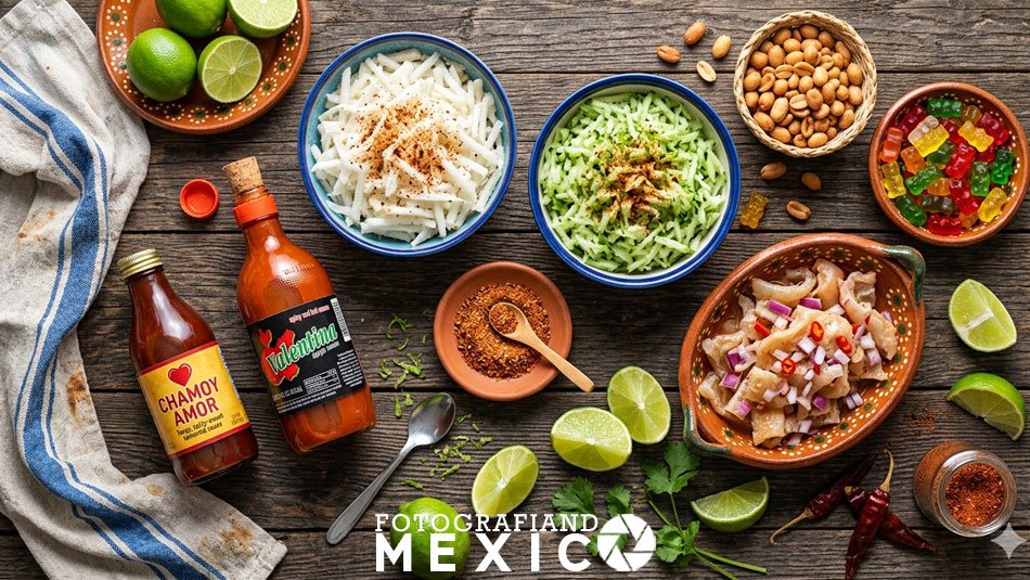 Ingredientes para Dorilocos incluyendo cueritos cacahuates japoneses jicama pepino y salsas