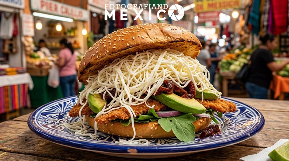 Cemita poblana de milanesa de res con una montaña de quesillo Oaxaca deshebrado fresco y pápalo en plato de talavera