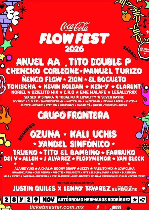 Lineup oficial por dias del festival Coca-Cola Flow Fest 2026 en el Autodromo Hermanos Rodriguez
