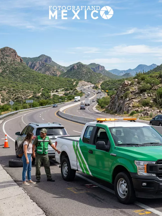 Unidad de los Ángeles Verdes brindando asistencia mecánica en una carretera federal de México