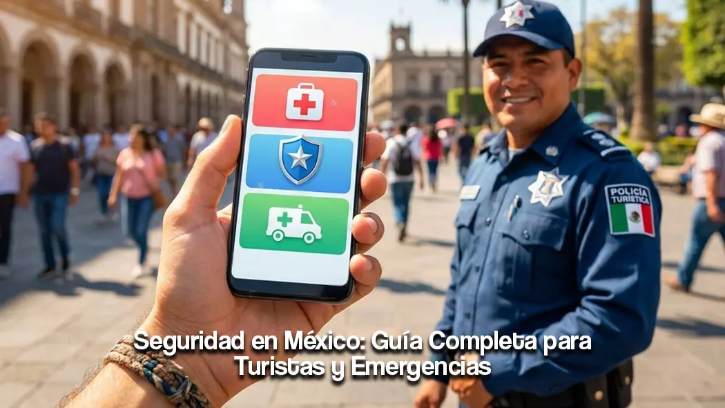 Turista consultando contactos de emergencia en su celular en una plaza de Mexico