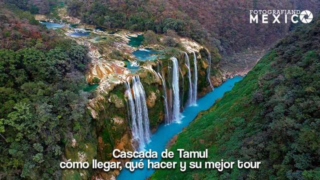 Vista aérea de la Cascada de Tamul cayendo sobre el rio Tampaón turquesa entre acantilados de la Huasteca Potosina
