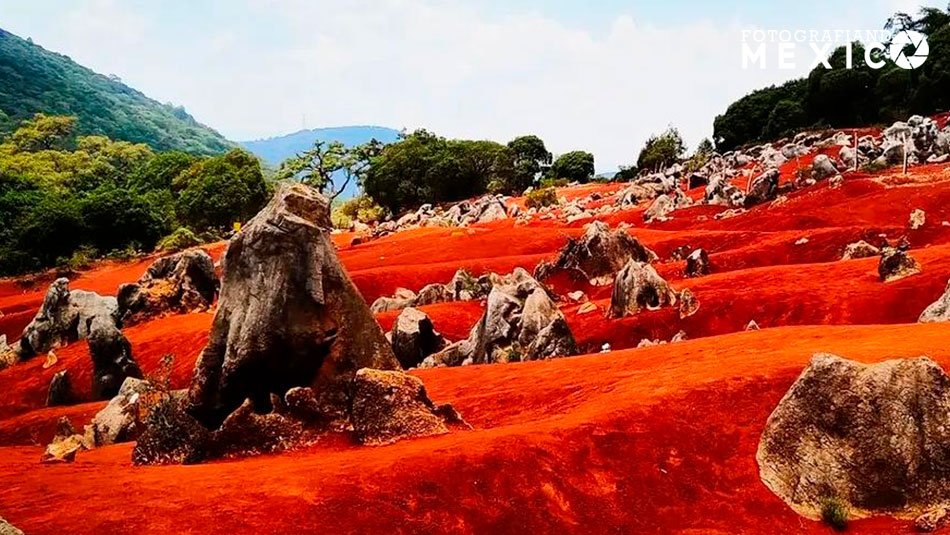 Un extenso arenal de color rojo carmesí brillante salpicado de rocas calizas grises, rodeado por montañas cubiertas de densa vegetación verde bajo un cielo parcialmente nublado.