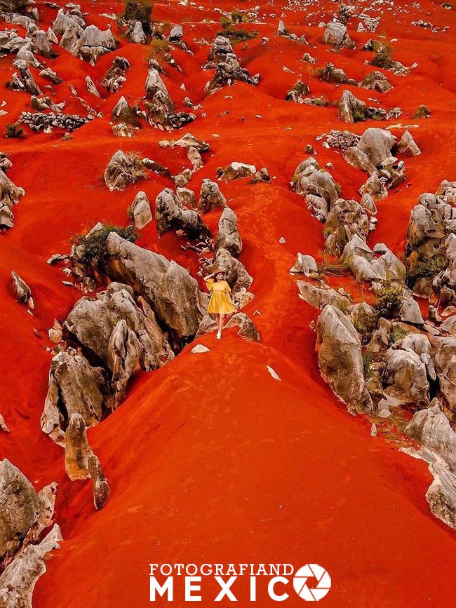 Vista cenital picada de una persona con vestido amarillo parada sobre el filo de una loma de arena roja brillante rodeada de laberintos de rocas grises.
